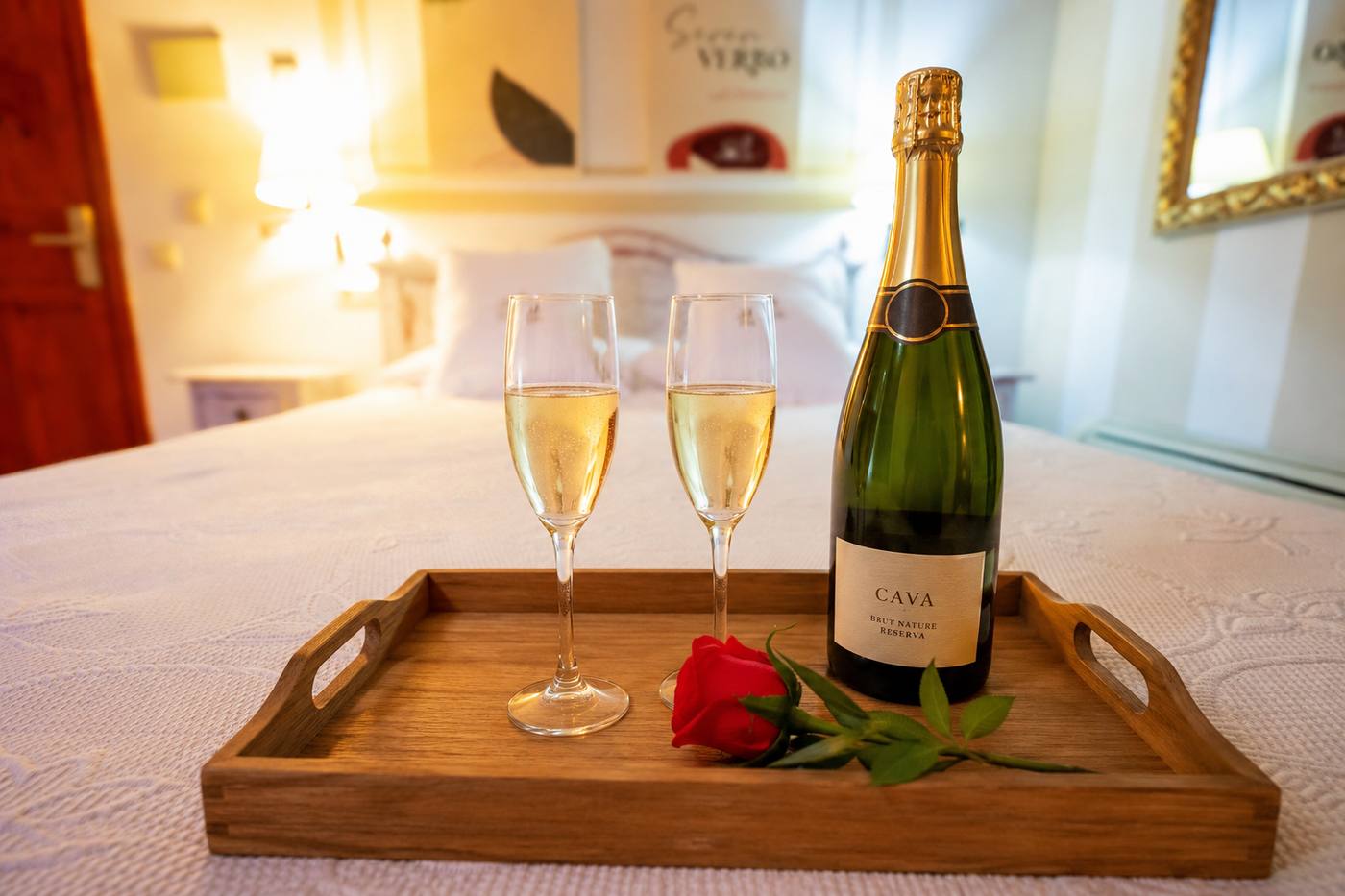 Botella de cava Brut Nature con dos copas y una rosa, servida en bandeja en la habitación