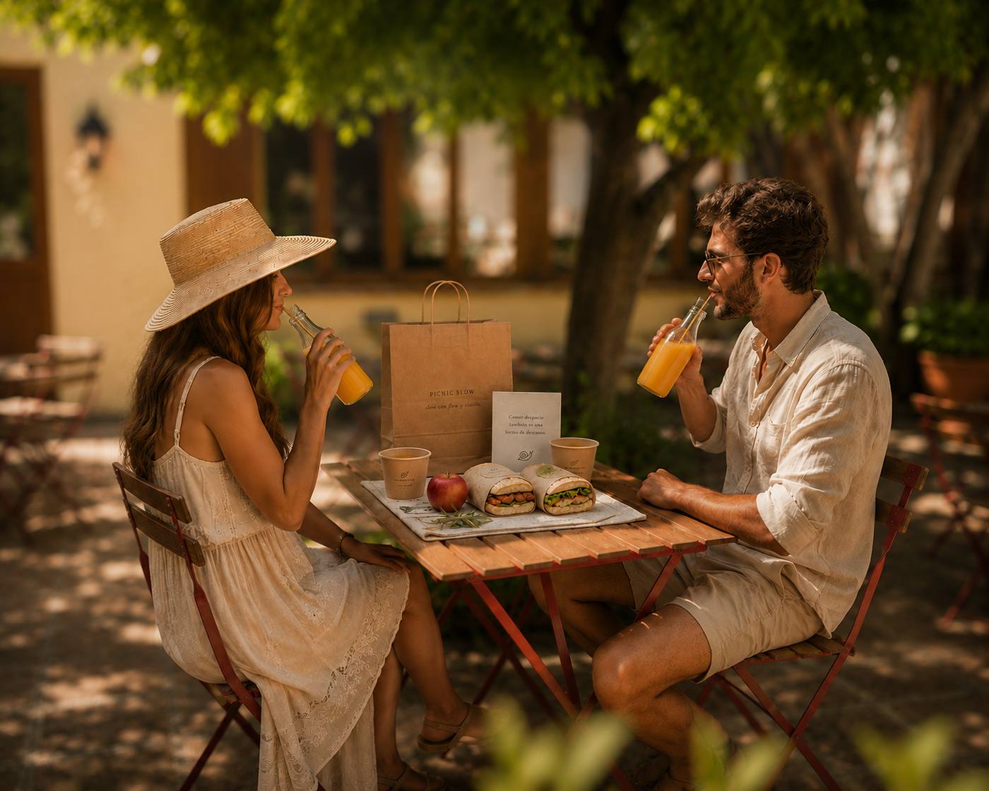 Pareja disfrutando del Picnic Slow con bocadillos y zumo bajo los árboles del jardín